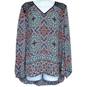 DR2 Crochet Boho Tunic Top Womens Size L Blue Dark Floral Pleated Long Sleeve